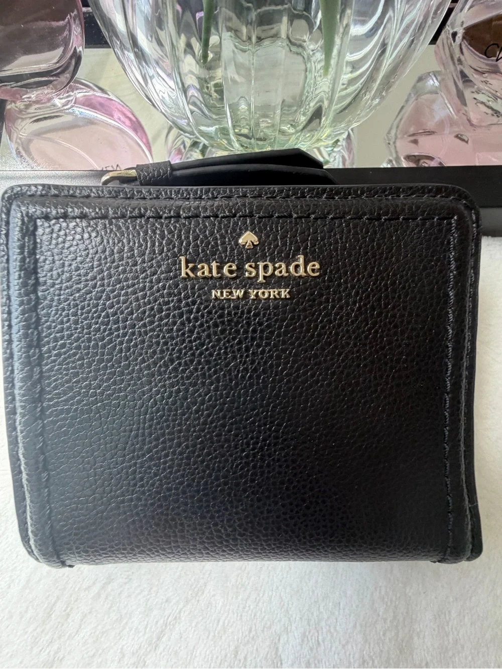 kate spade Black Pebbled Leather Zip Wallet with Gold Logo